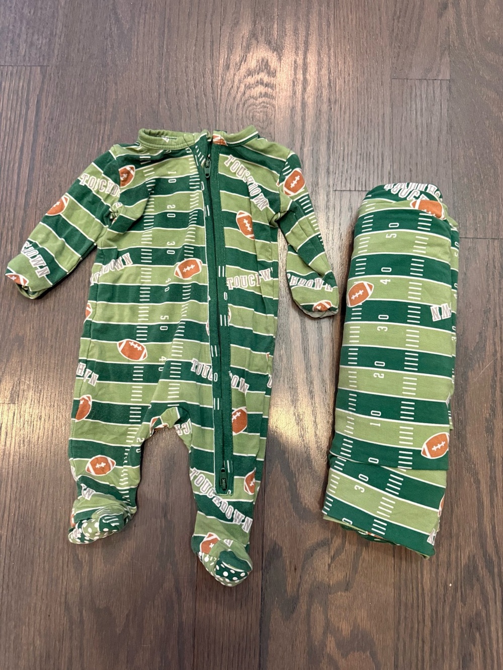 Angel Dear Green Football NB Footed Pajama & Swaddle Set Glow in the dark